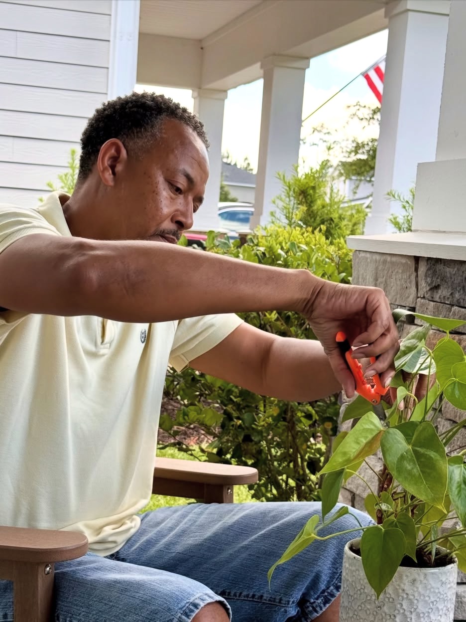 A man using orange hand pruners to snip back a leafy potted plant on a front porch