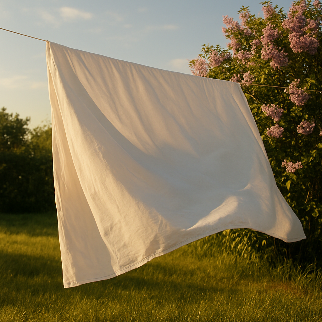 A single large white sheet billowing on a clothesline in the summer sun