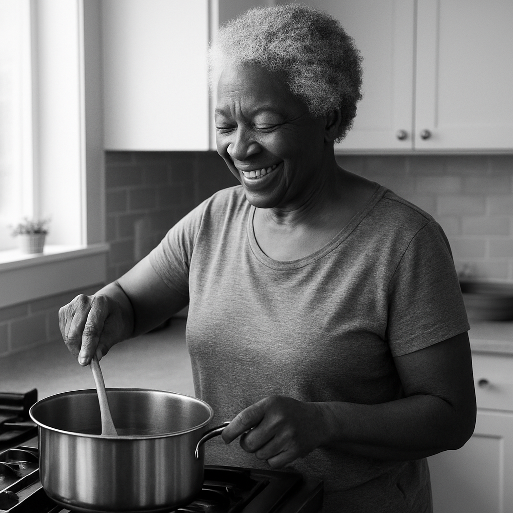 An elder Black woman cooking in her kitchen