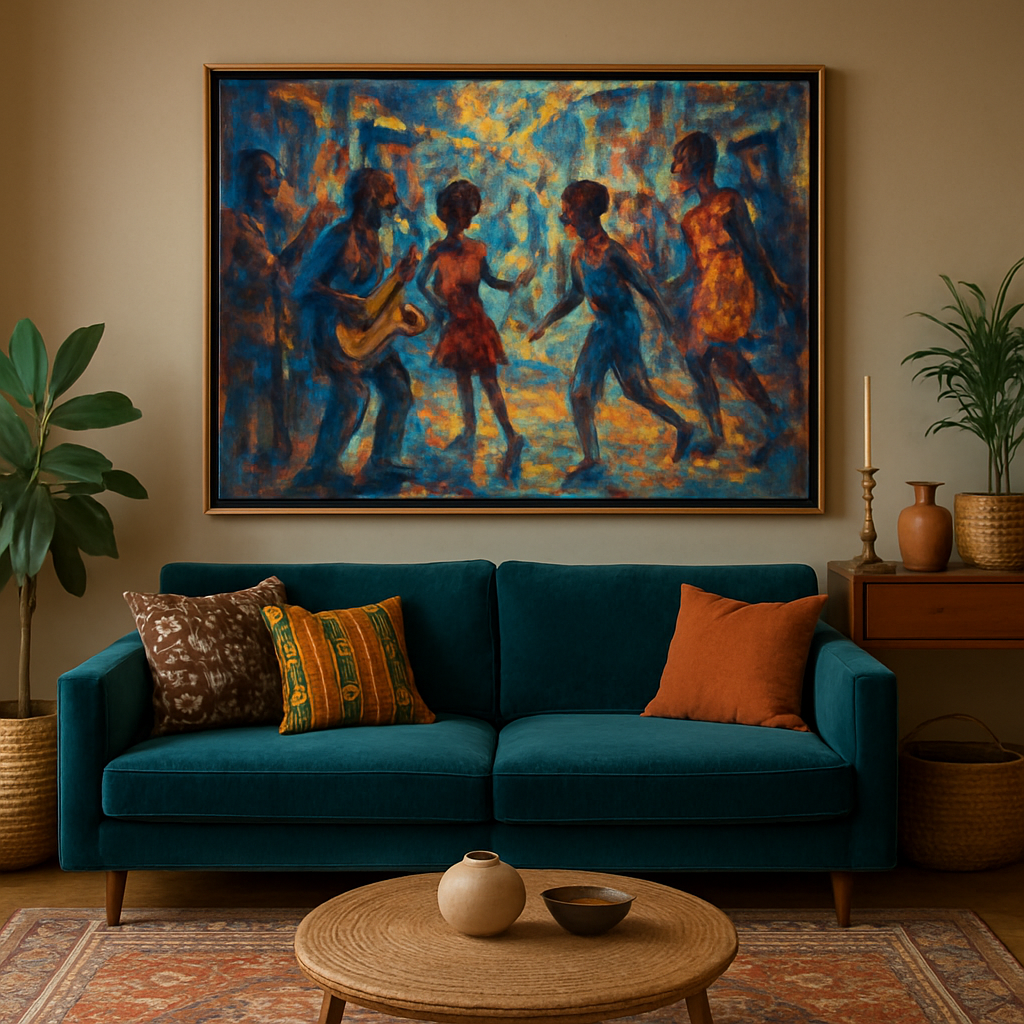 A culturally rich living room with a vibrant framed painting of a Black cultural scene above styled decor