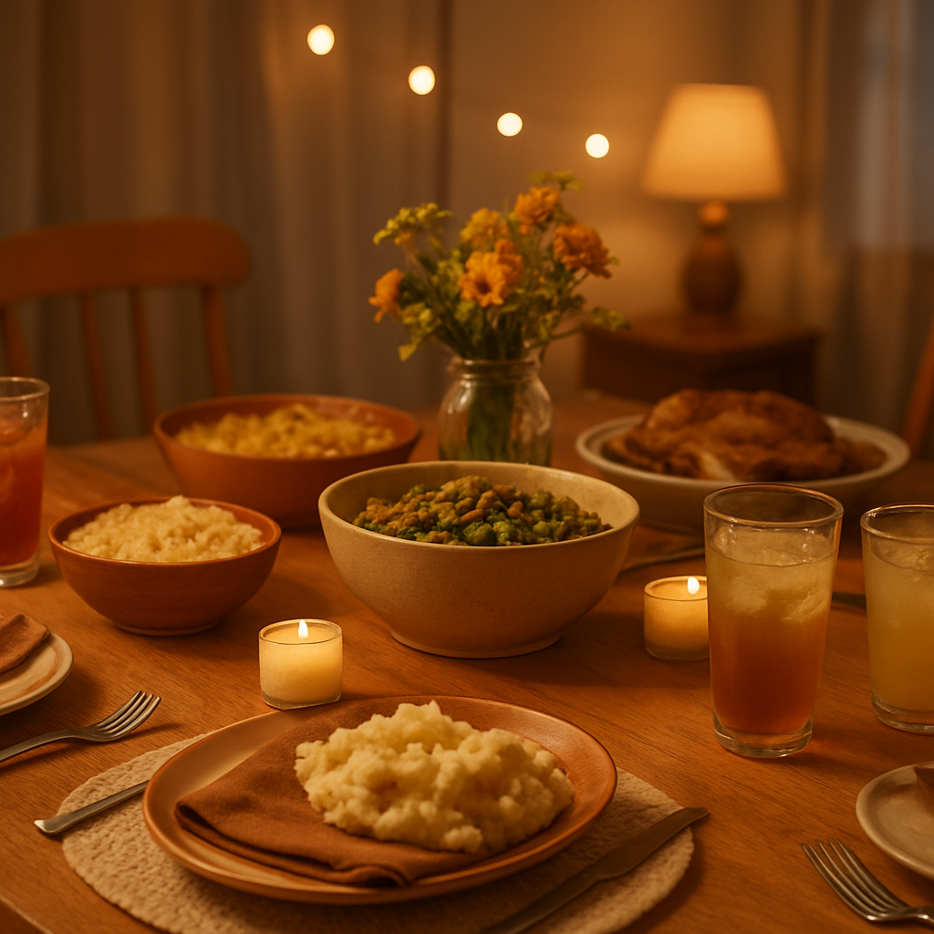 A cozy, welcoming home dinner table set with hearty dishes, candles, and flowers in a mason jar