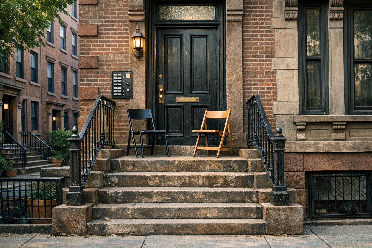Brownstone stoop with folding chairs