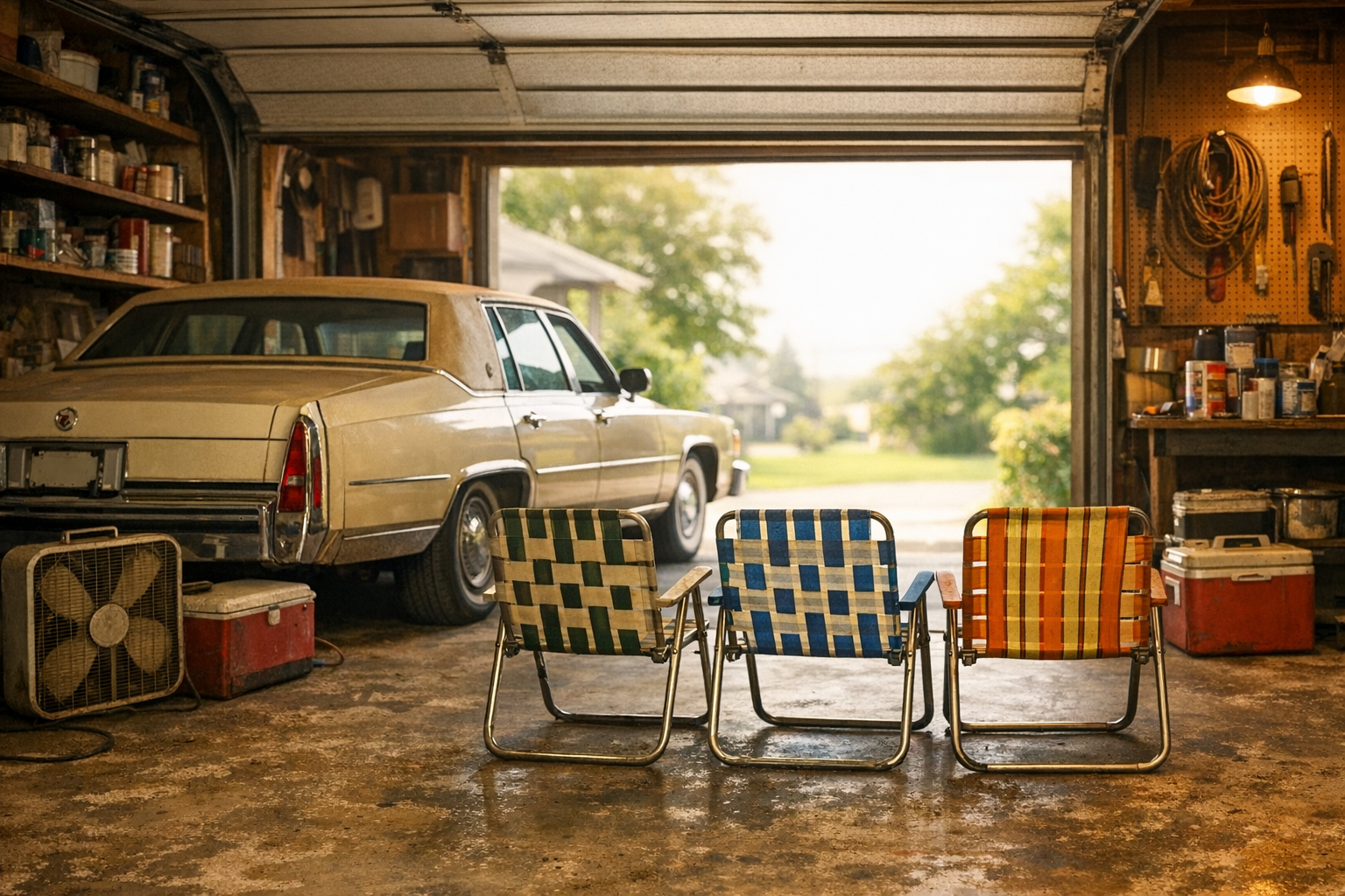 Three vintage webbed aluminum lawn chairs facing out from an open garage toward a suburban street, with a 1980s Cadillac, a box fan, and coolers inside