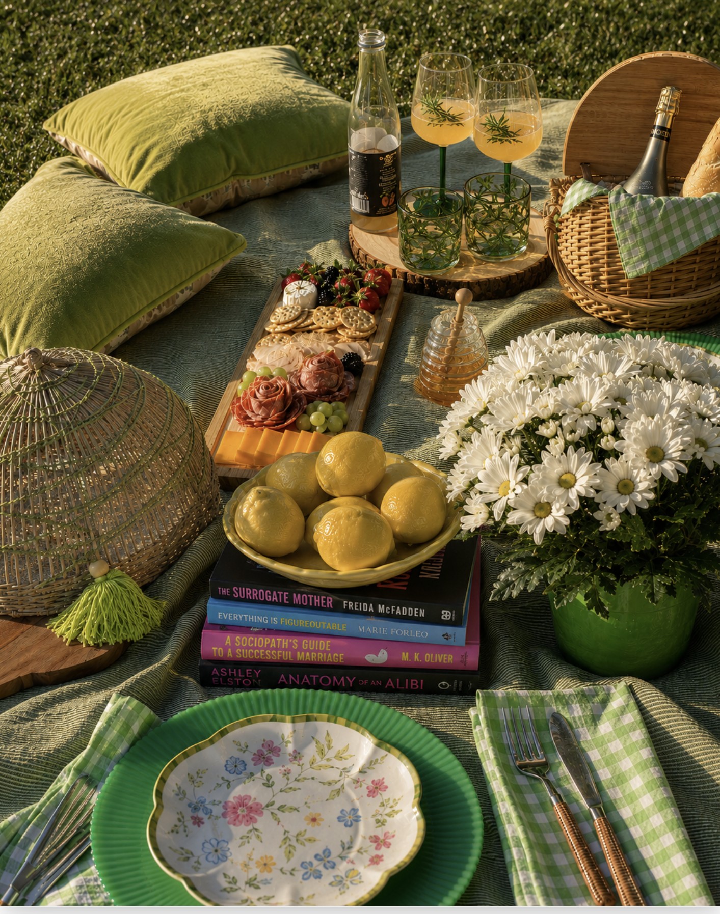 A golden-hour picnic on a green striped blanket with a charcuterie board, rosemary cocktails, lemons, daisies, and a wicker basket